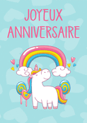 Joyeux anniversaire avec une licorne et un arc-en-ciel